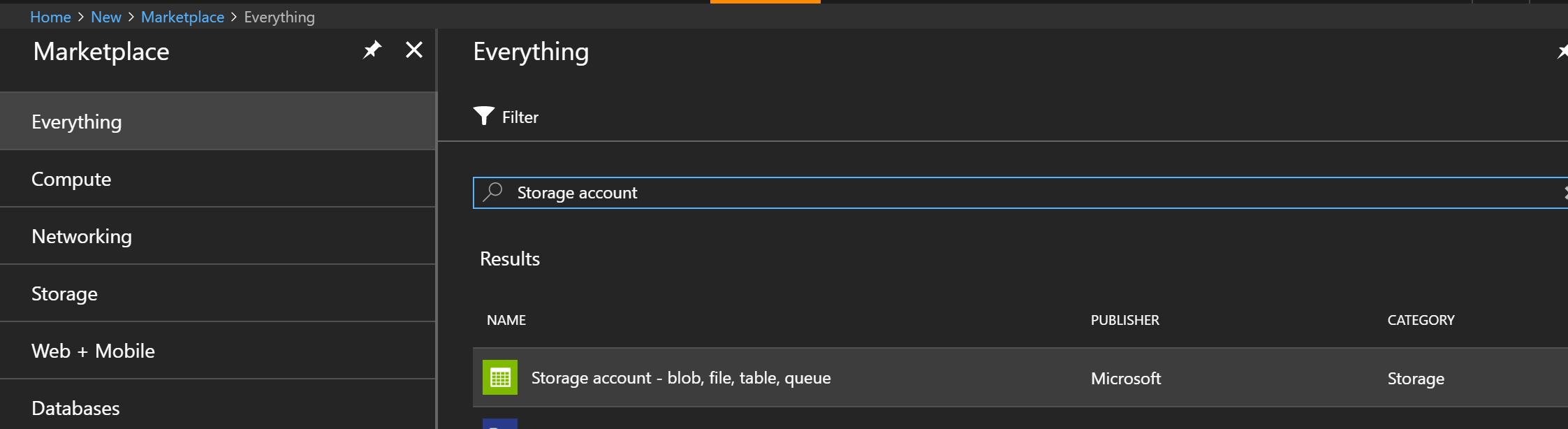 Selecting storage account in Azure portal