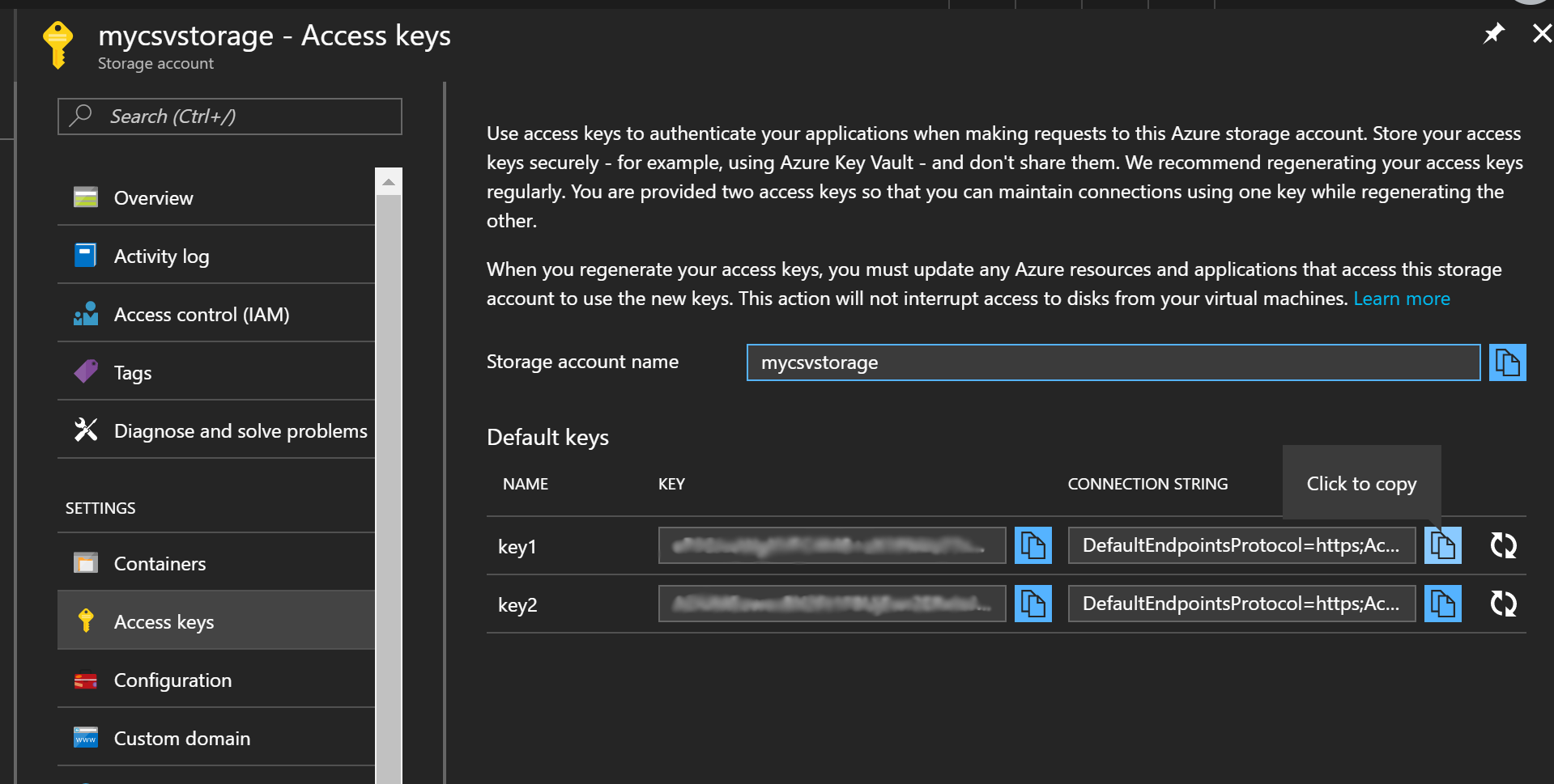 Copying storage account connection string