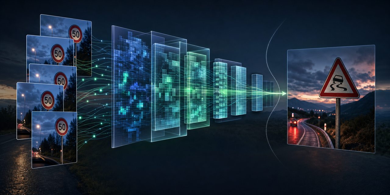 Correlated traffic-sign frames flow through a ResNet before evaluation on an unseen physical sign