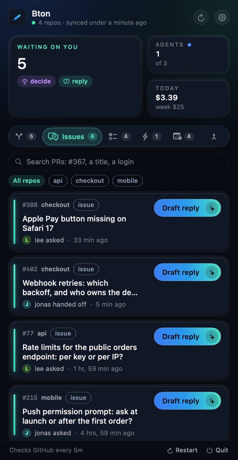 The Issues tab: an ask from lee and a handoff from jonas, each with Draft reply
