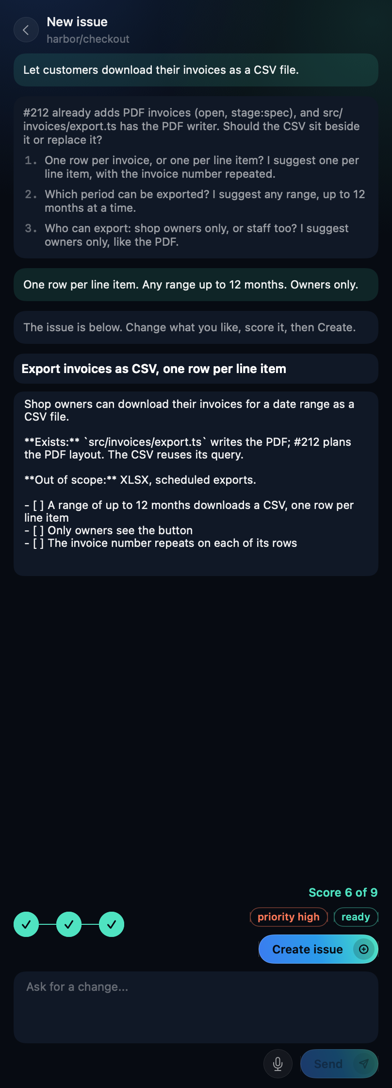The written issue, the three scoring questions and the Create issue button