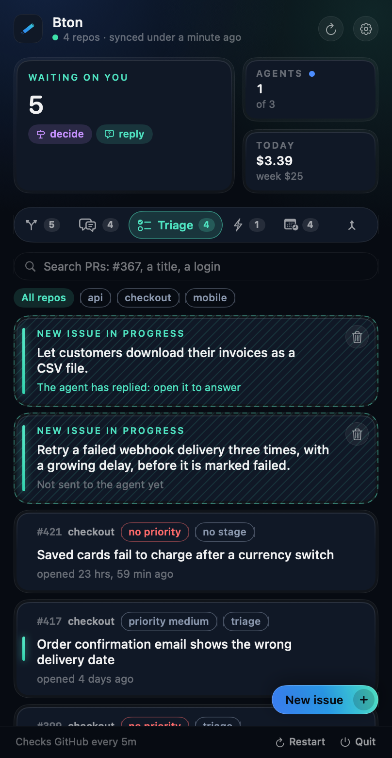 The Triage tab: two new issues in progress as hatched cards above the open issues