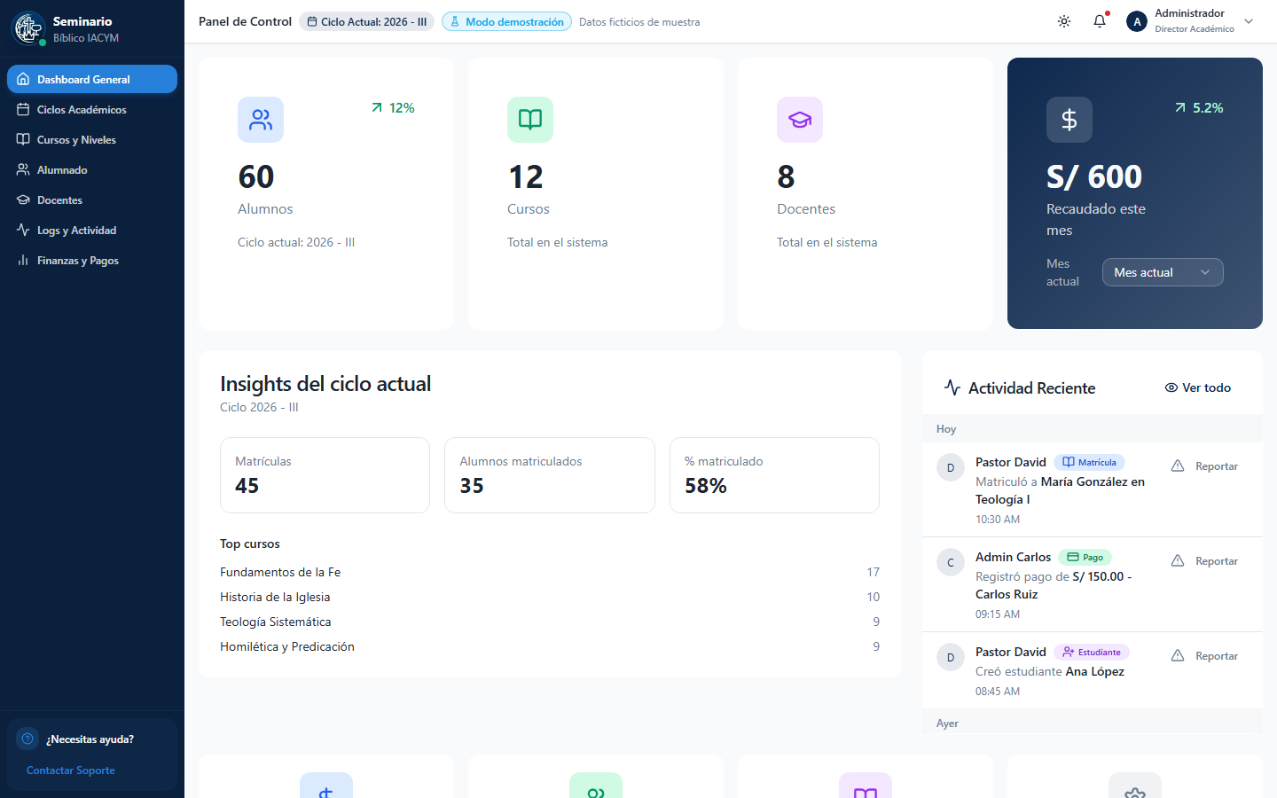 Captura del sistema: Academia bíblica — plataforma web