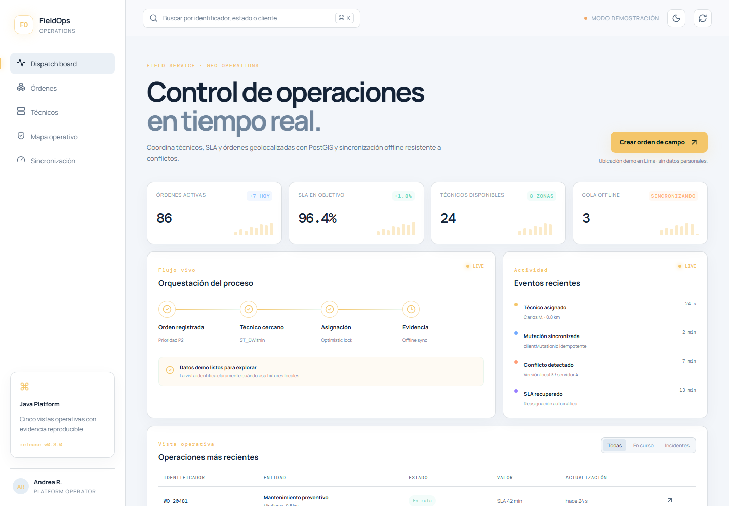 Captura del sistema: FieldOps — técnicos y órdenes de campo