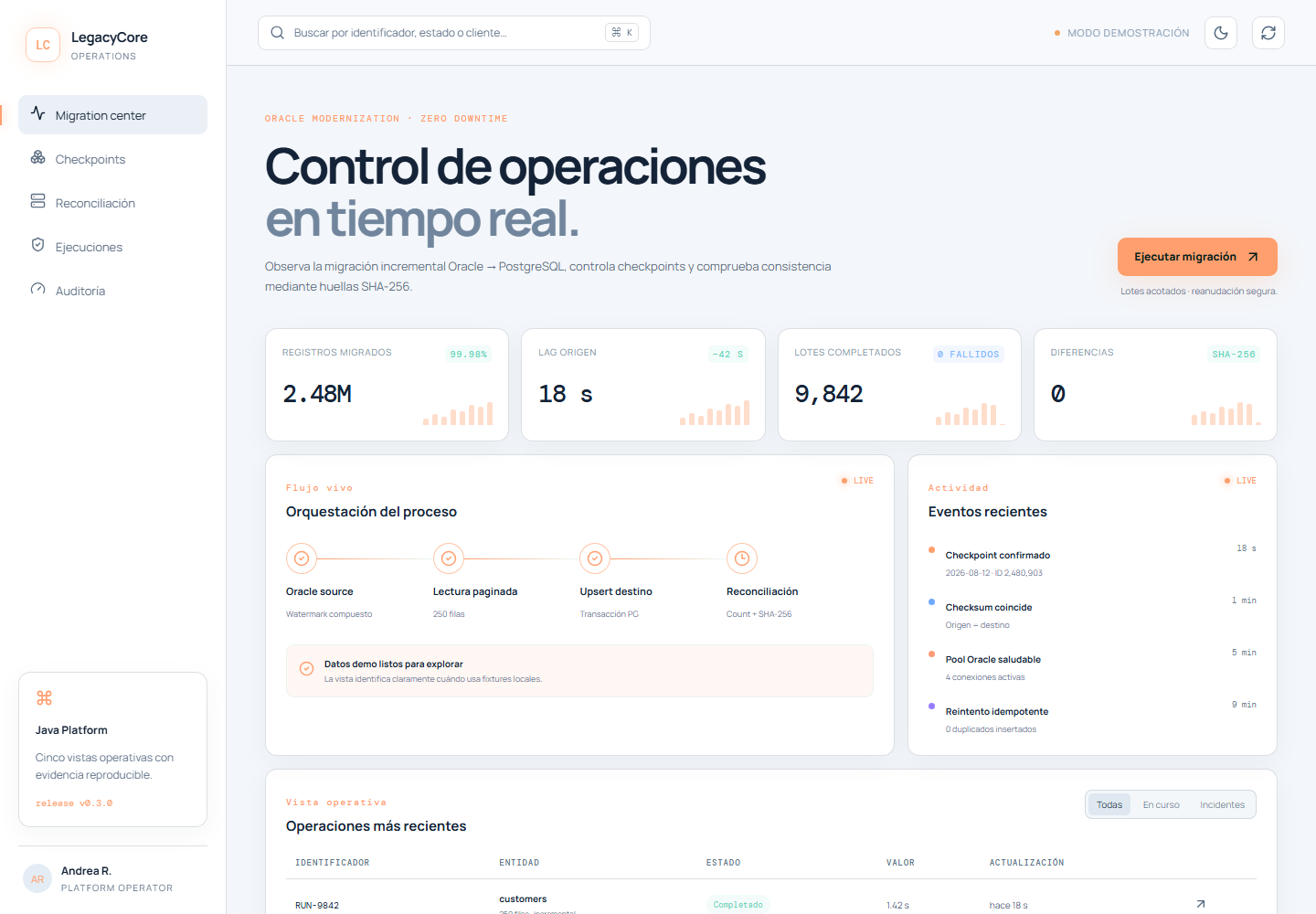 Captura del sistema: LegacyCore — modernización Oracle a PostgreSQL