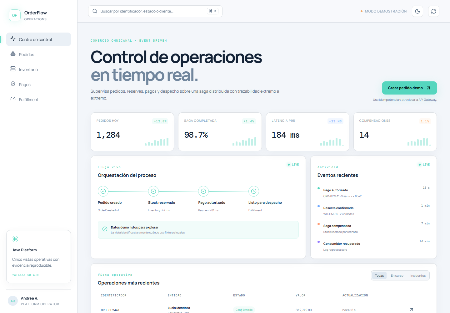 Captura del sistema: OrderFlow — pedidos con microservicios y saga