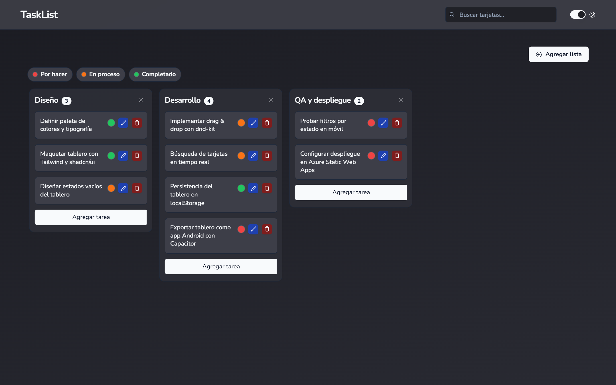 Captura del sistema: TaskList — tablero Kanban tipo Trello