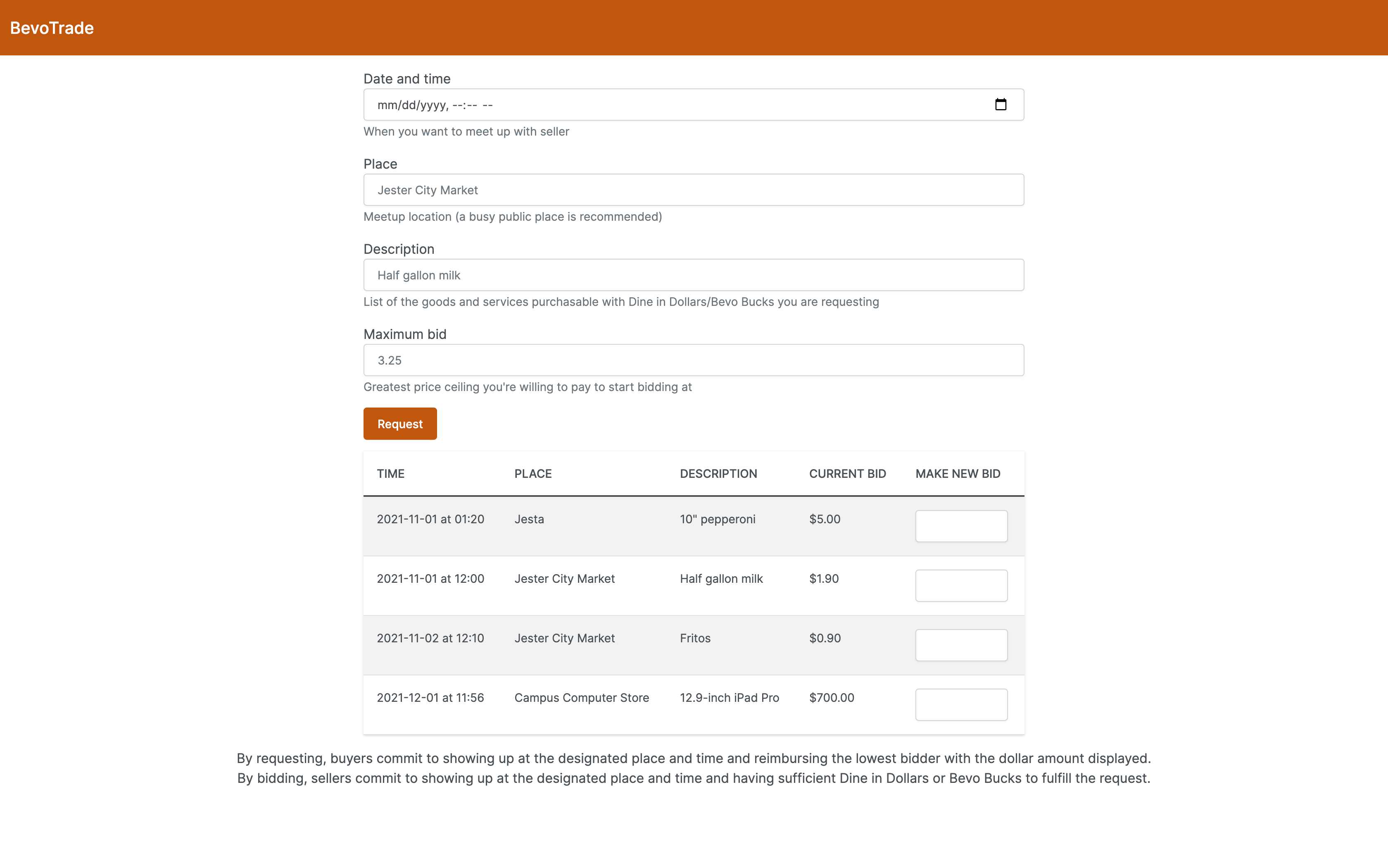 Screenshot of BevoTrade homepage with request form and bid listing