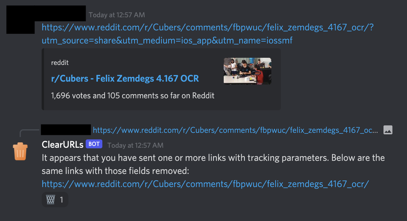 Discord message with tracking junk and bot reply with cleaned link