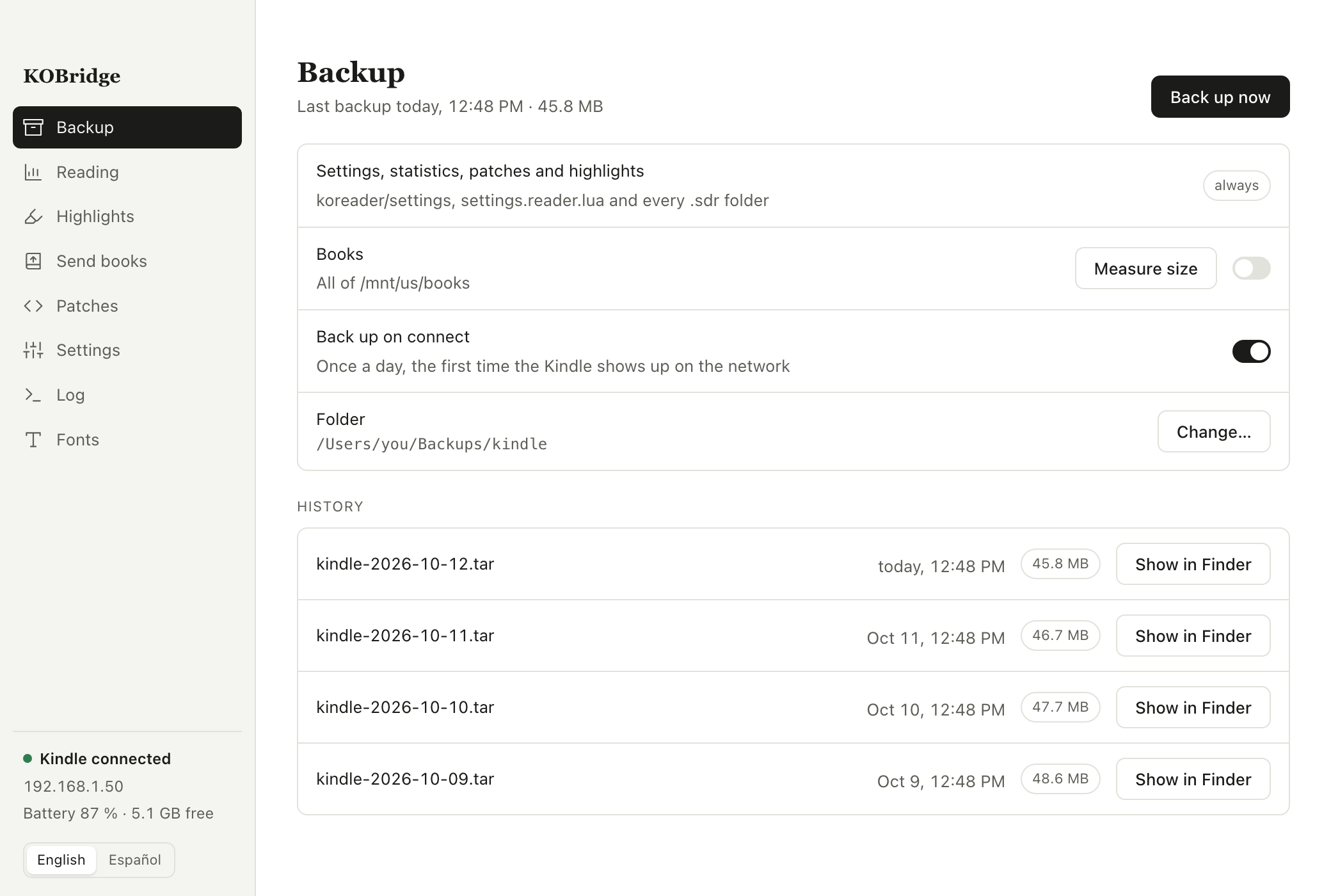 Backup view with daily automatic backups and the backup history