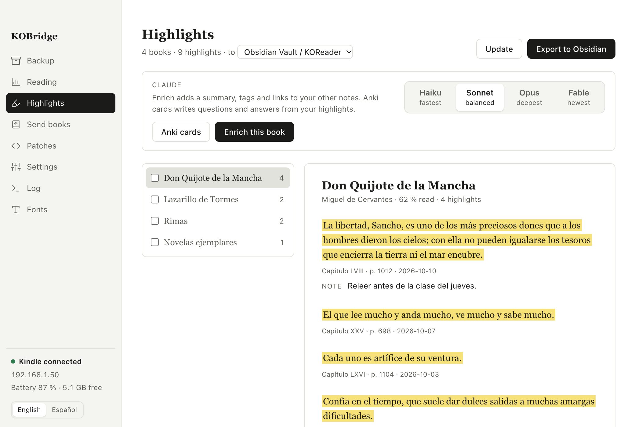 Highlights view with KOReader highlights from Don Quijote, the Obsidian vault picker and the Claude model selector
