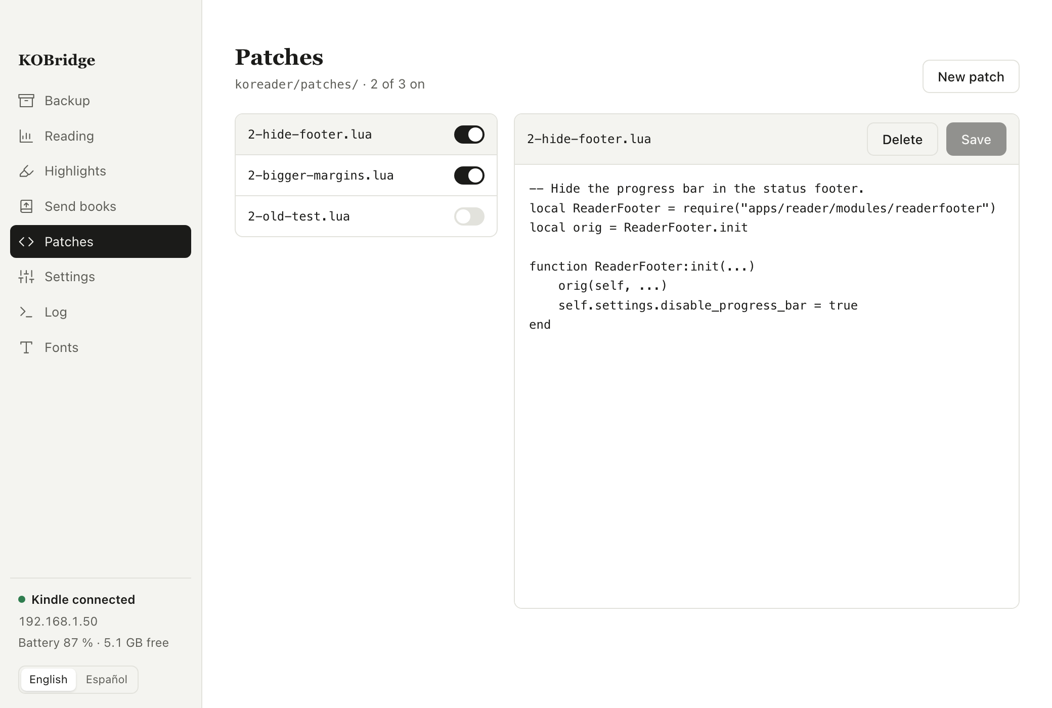 User patches editor with a Lua patch open and switches to turn patches on and off