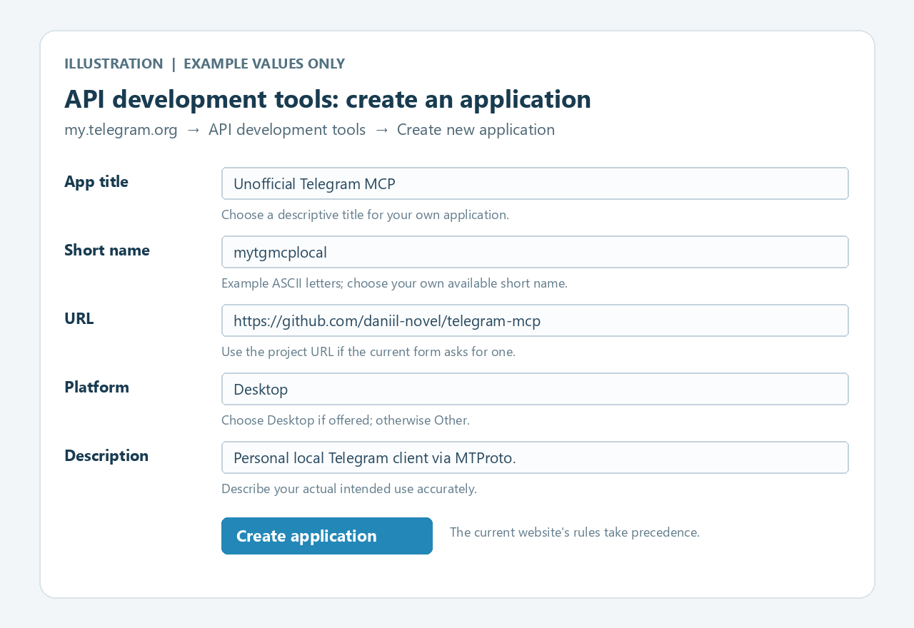 Illustrative application creation form with example values