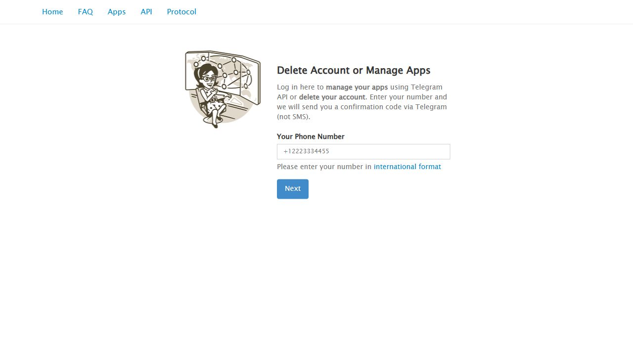 Telegram developer website login screen