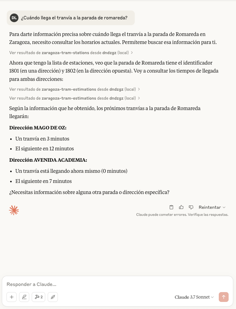 Screenshot of an example using Claude Desktop, asking in spanish to get the tram estimations for Romareda station