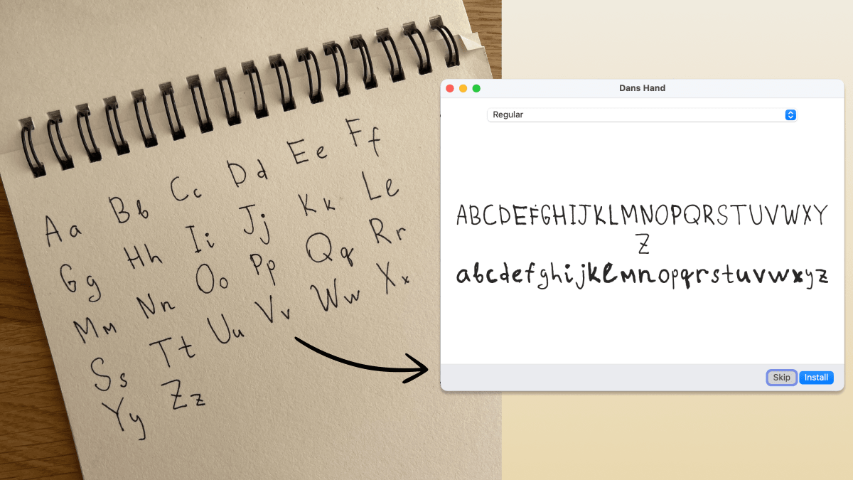 A photo of a handwritten alphabet in a spiral notebook becoming an installable font