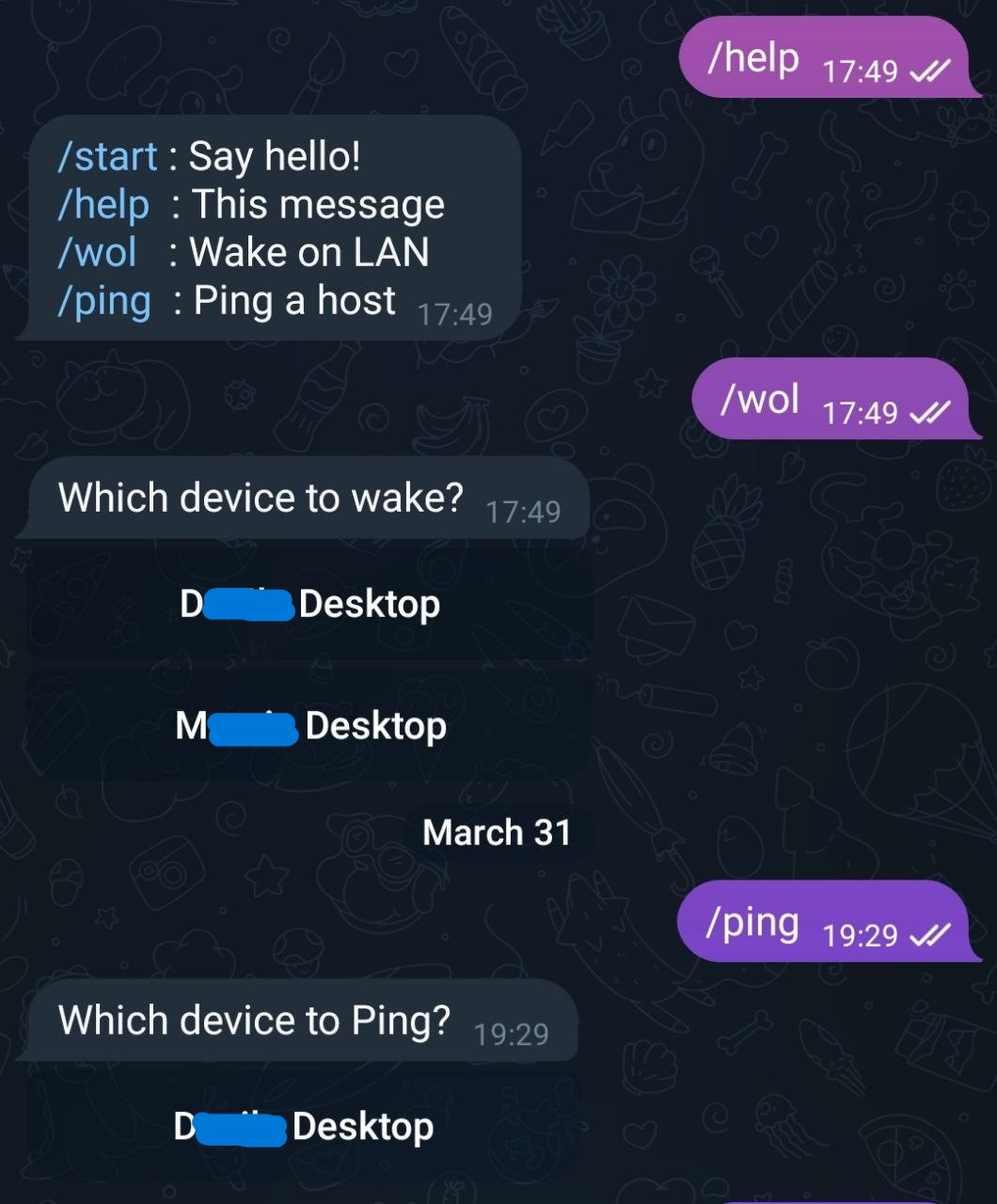 Telegram chat with the WOL bot waking up a PC