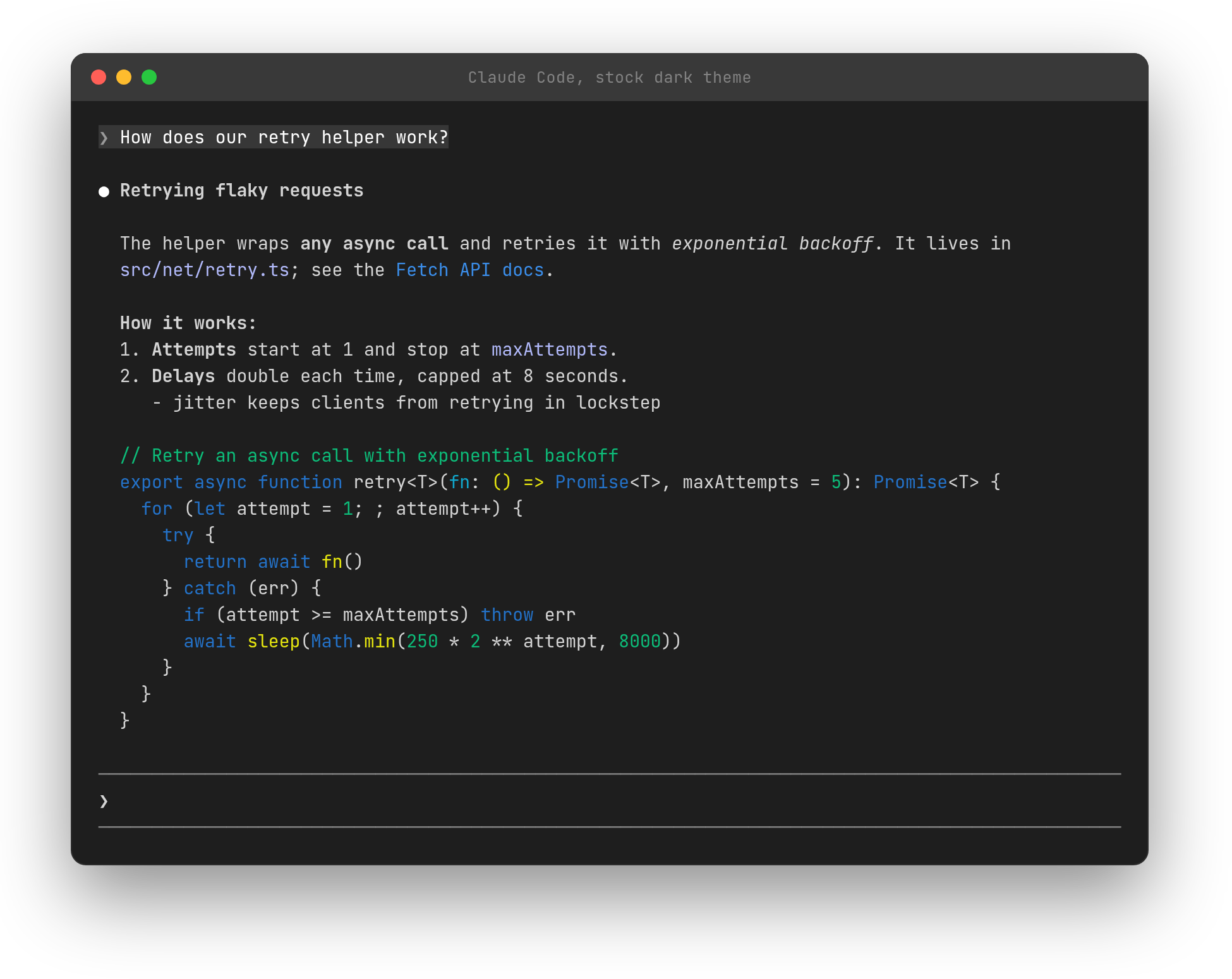 A Claude Code reply with Claude Code's own dark theme