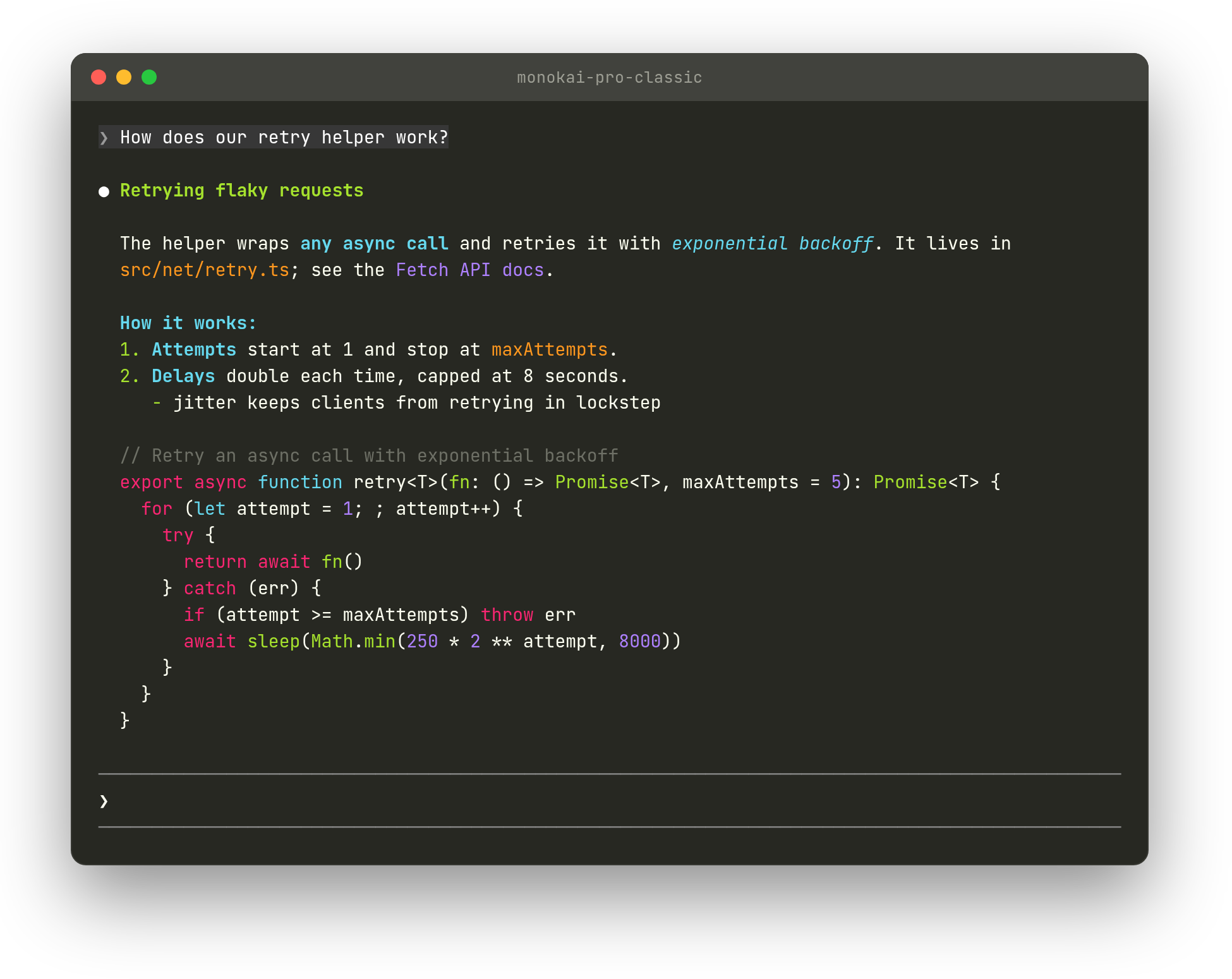 A Claude Code reply in the monokai-pro-classic theme