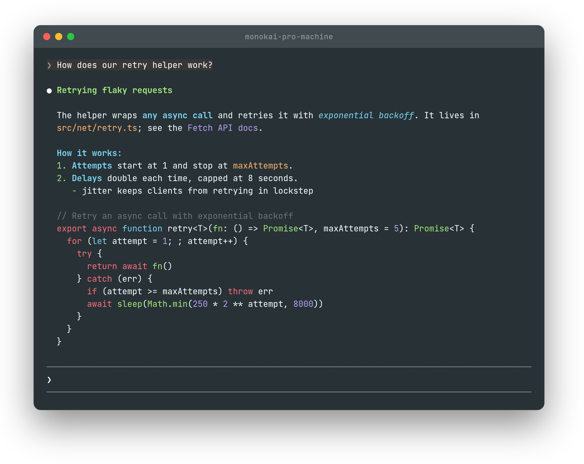 A Claude Code reply in the monokai-pro-machine theme