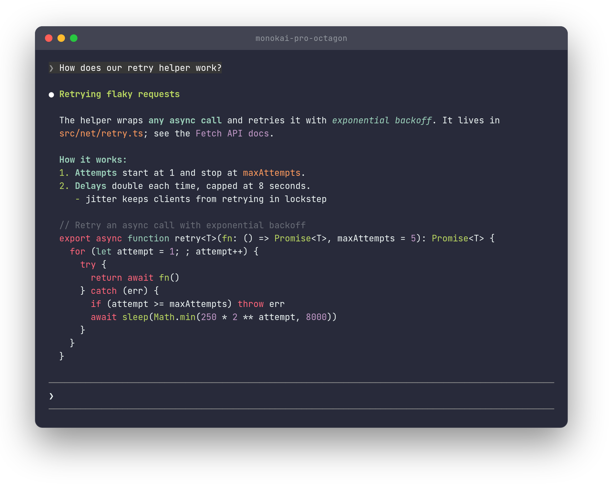A Claude Code reply in the monokai-pro-octagon theme
