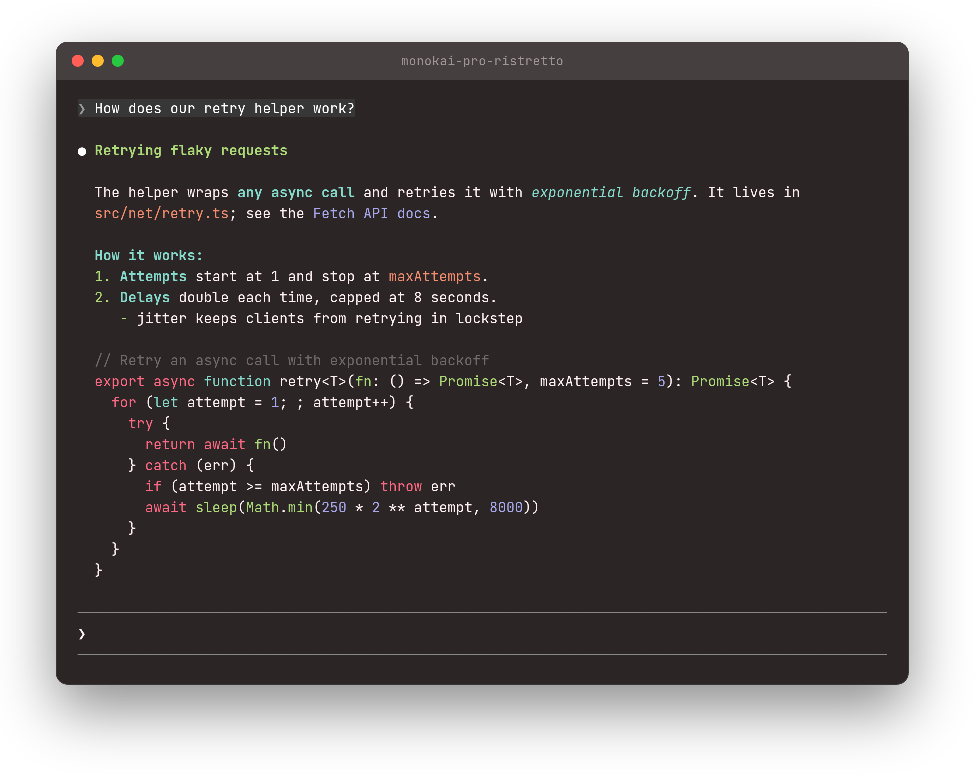 A Claude Code reply in the monokai-pro-ristretto theme