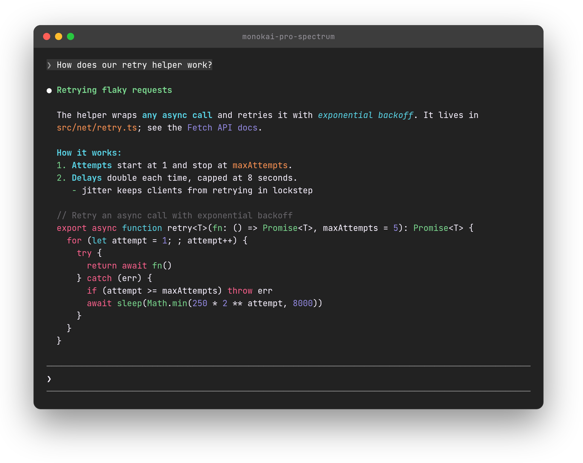 A Claude Code reply in the monokai-pro-spectrum theme