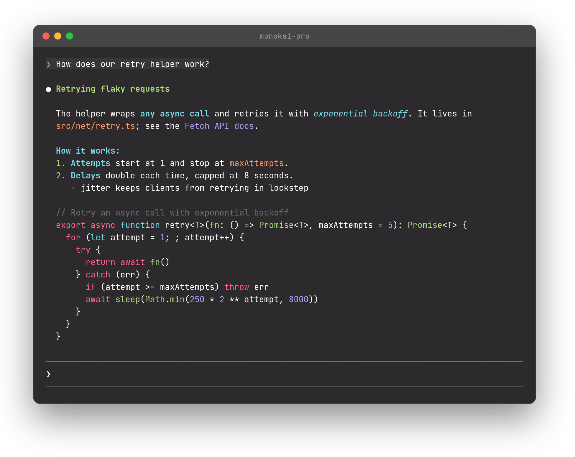 A Claude Code reply in the monokai-pro theme