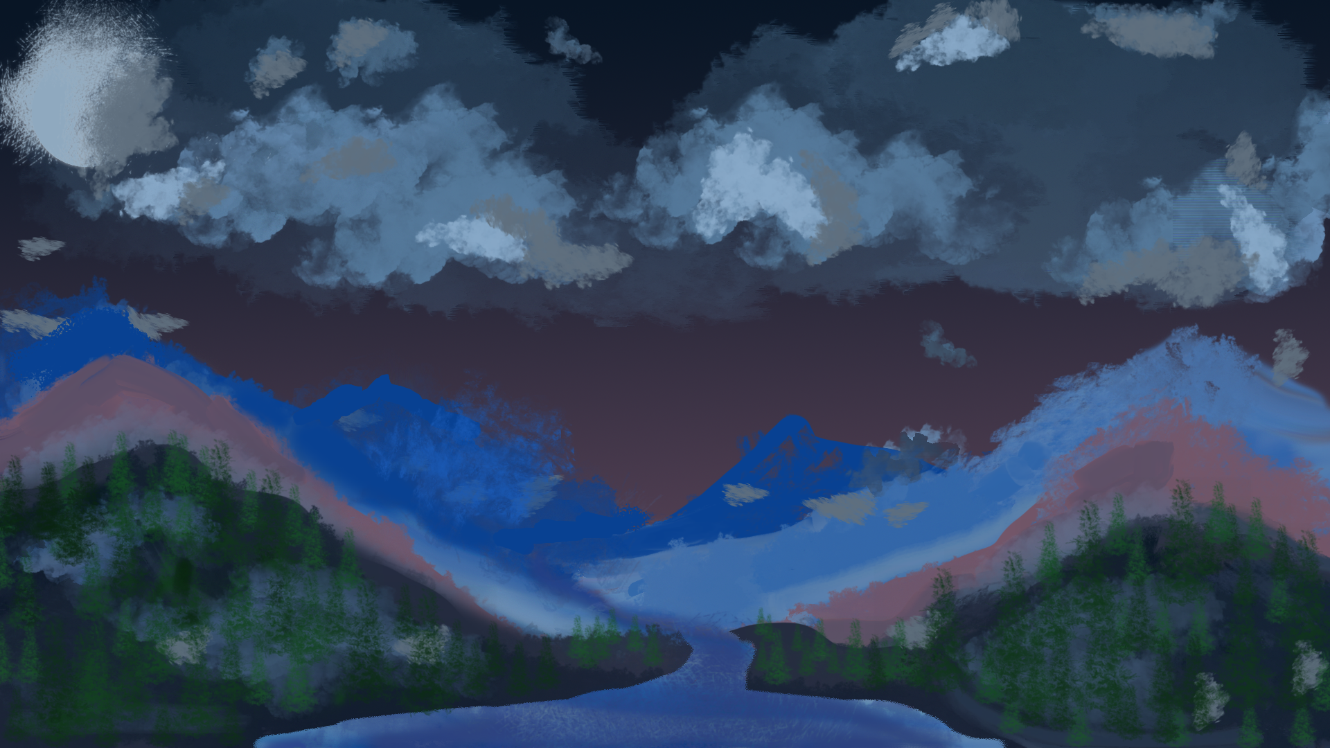 Photoshop painting depicting a nighttime setting in a forested mountain area.