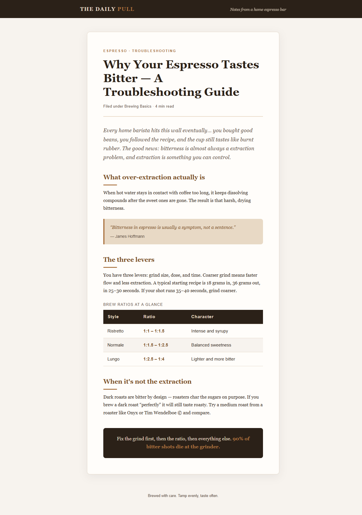 Vanilla agent blog page: 16px Georgia at line-height 1.7, italic intro paragraph, tinted italic blockquote, dark striped table header, centered inverse closing box.