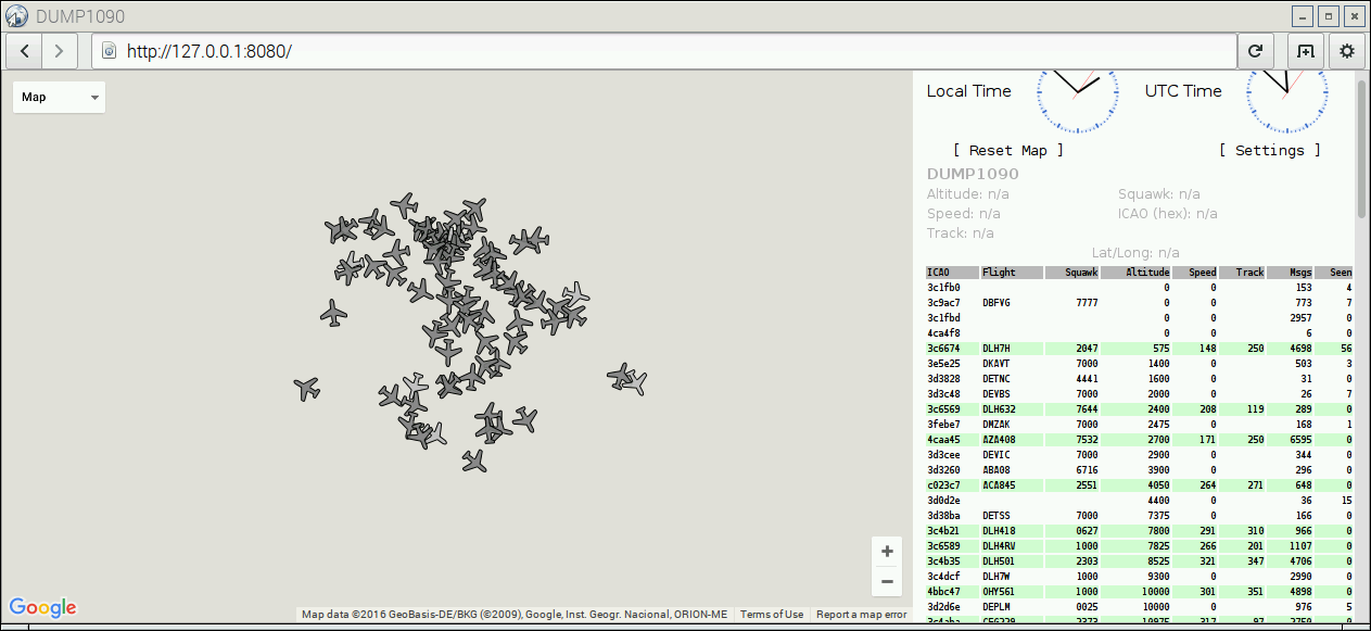 Screenshot of dump1090 on localhost