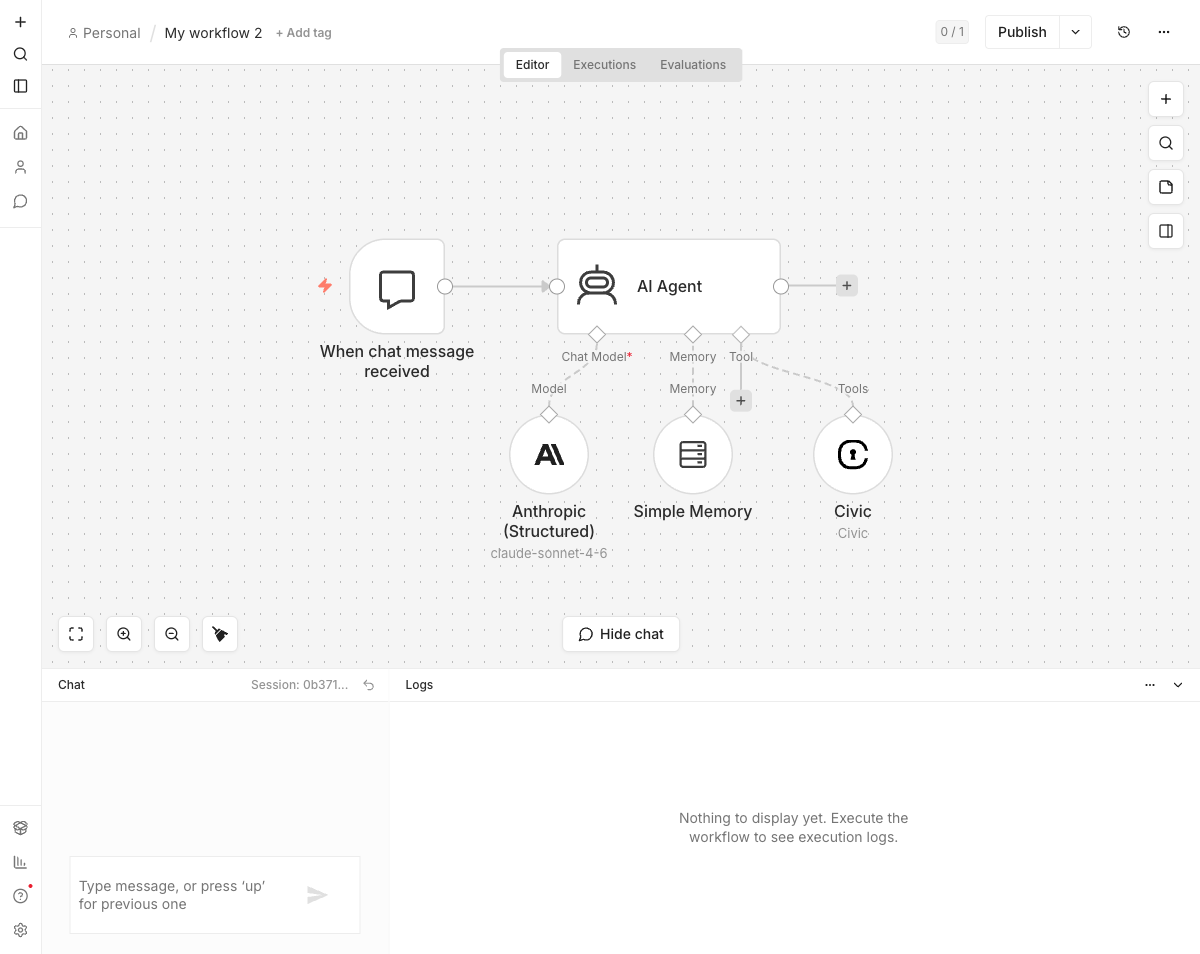 Anthropic (Structured) wired into an AI Agent alongside Memory and a Civic tool