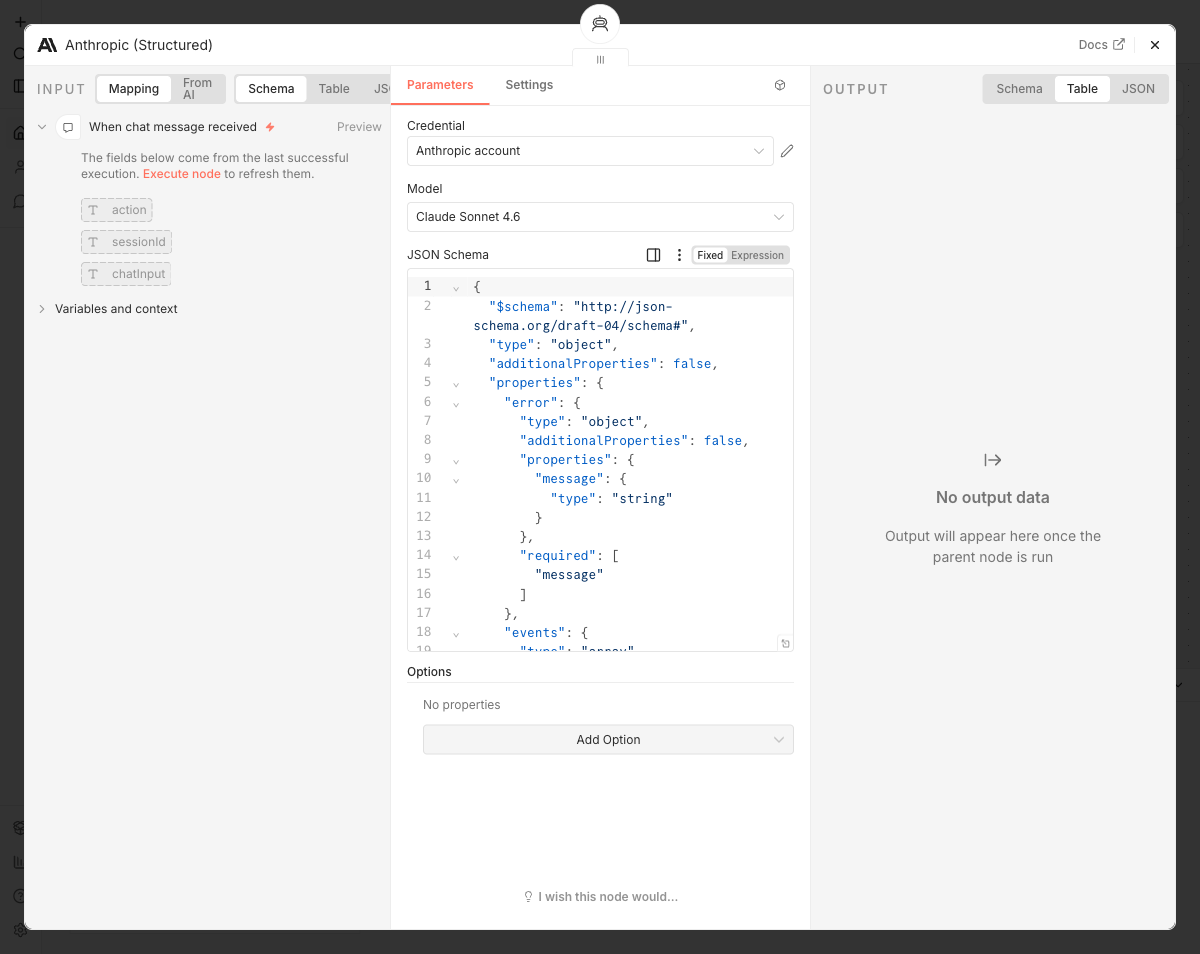 Node configuration showing the JSON Schema field