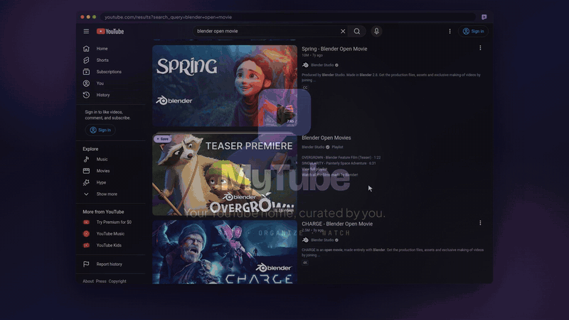 Saving a YouTube video into a category, then opening the MyTube home