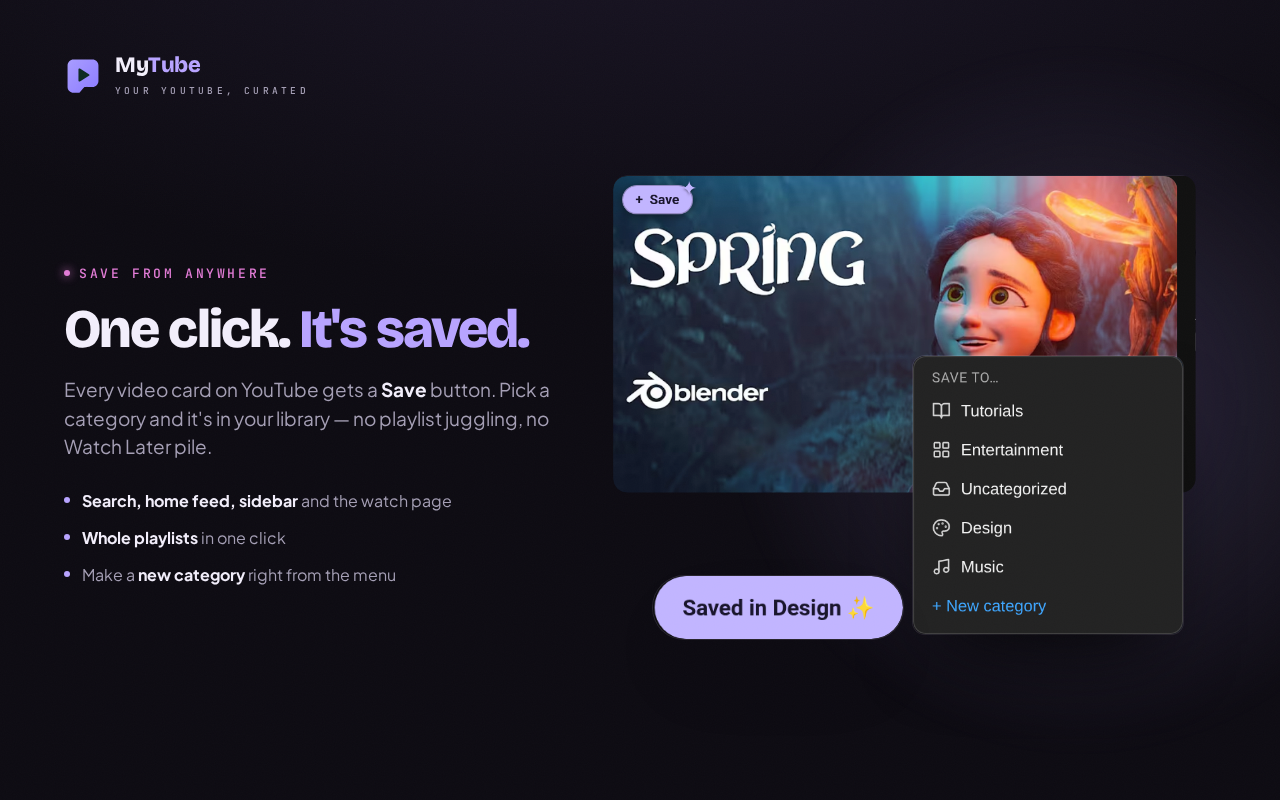 The Save button, category menu and saved toast on YouTube
