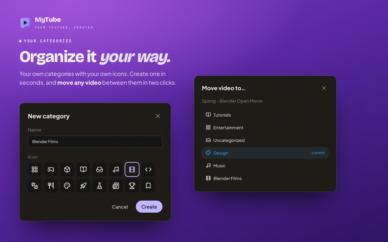 The new-category and move-video dialogs