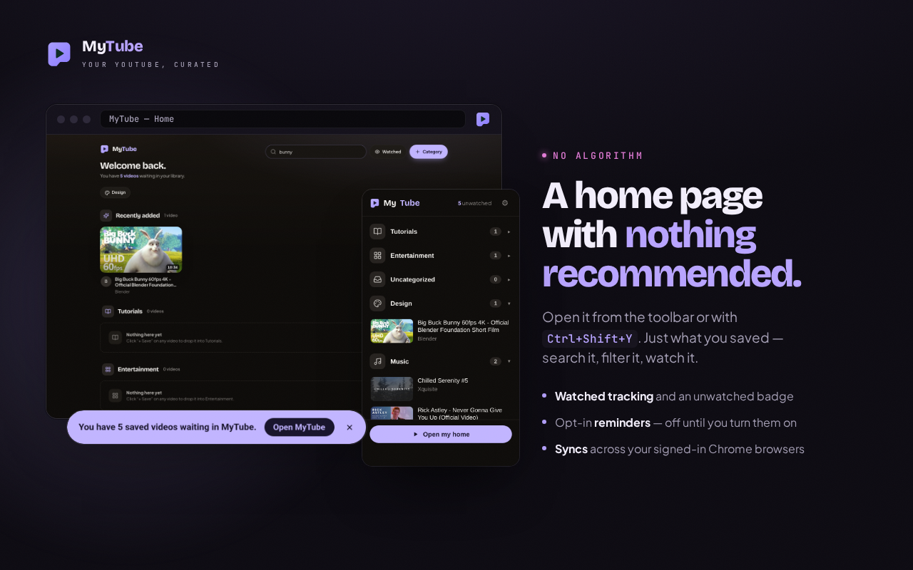 The MyTube home with search, the toolbar popup and the YouTube reminder