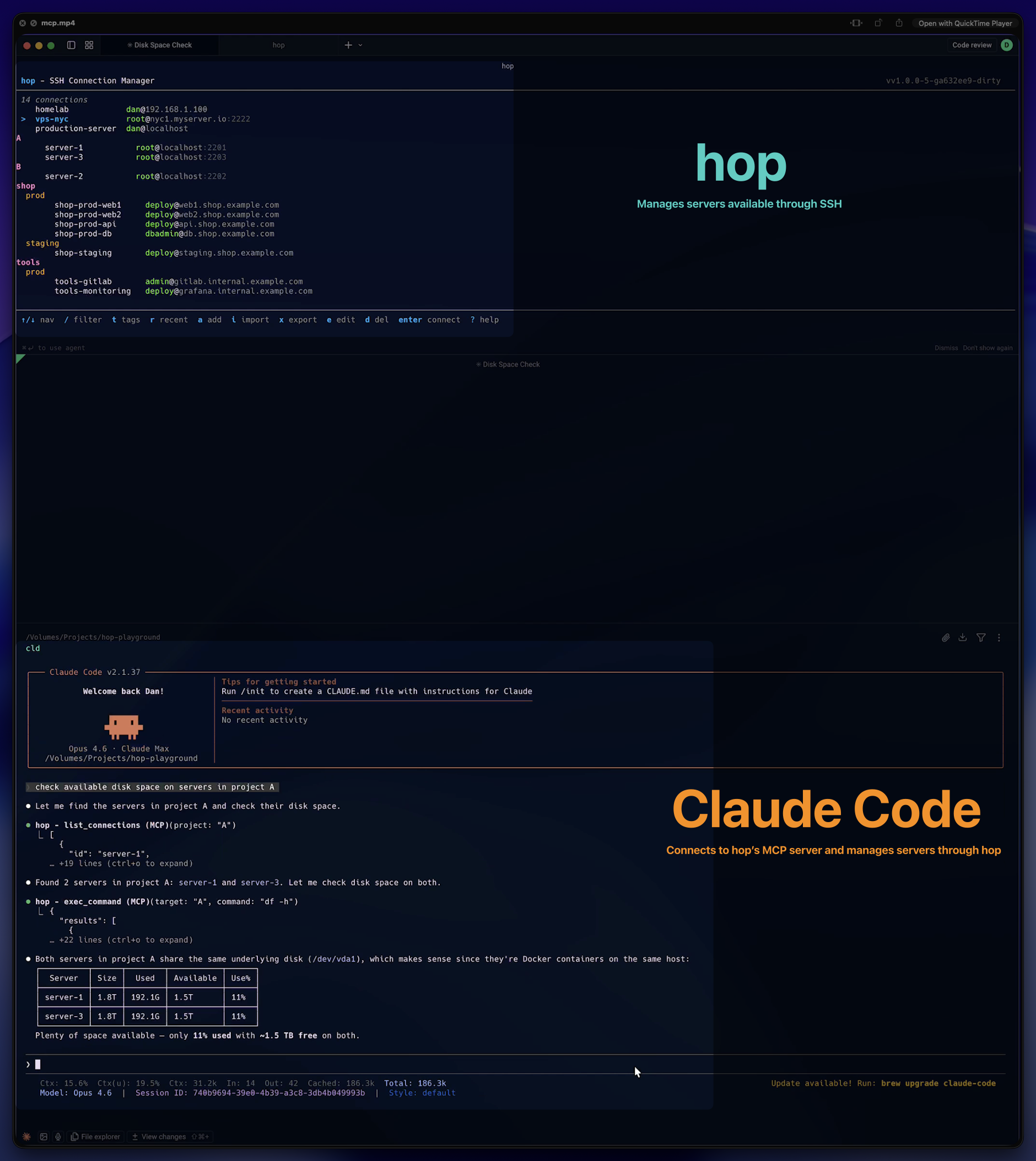 Claude Code managing servers through hop's MCP server