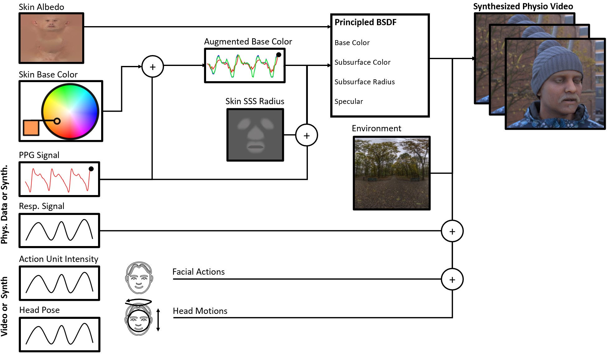 An image of a system diagram which shows how the synthetic avatars were created. The base skin albedo is altered using the blood volume pulse signal and then clothing, hair and background are added
