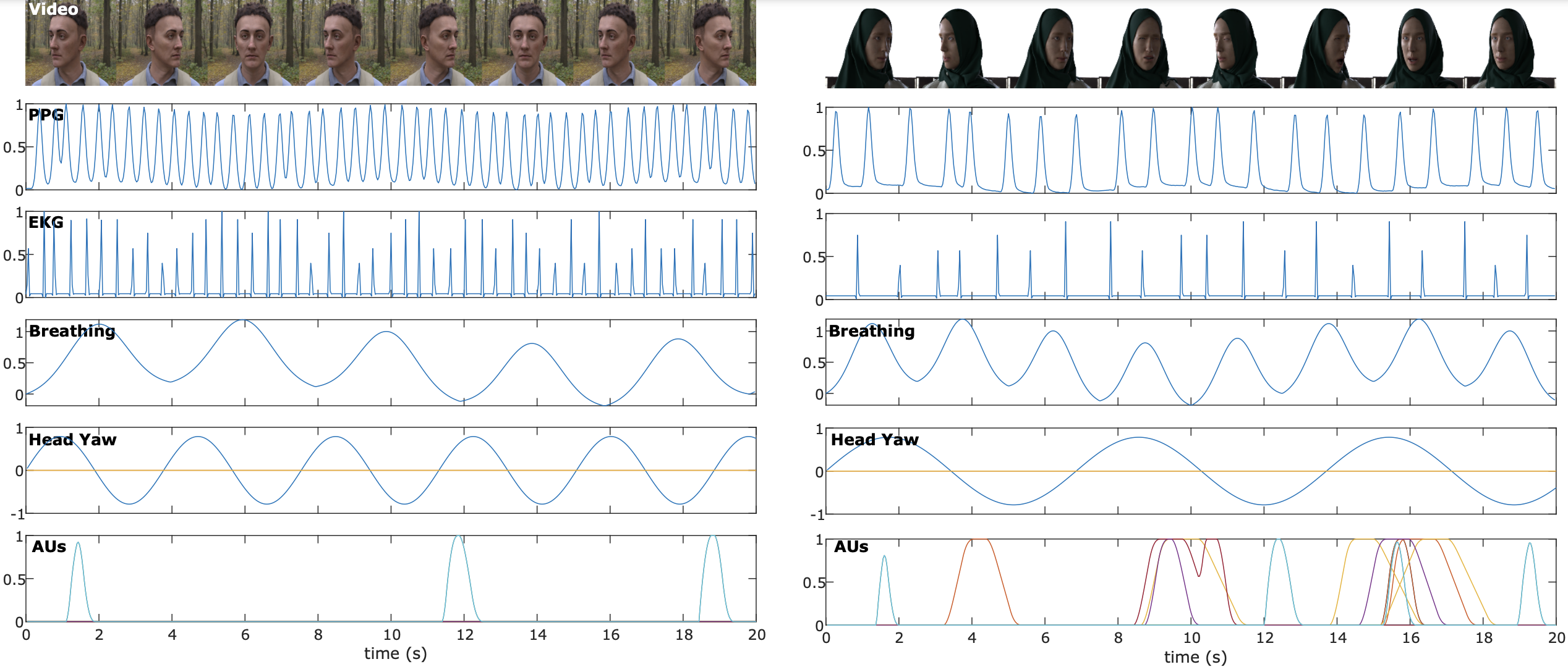 An image showing frames of a video with line graphs below it showing synchronized physiological signals