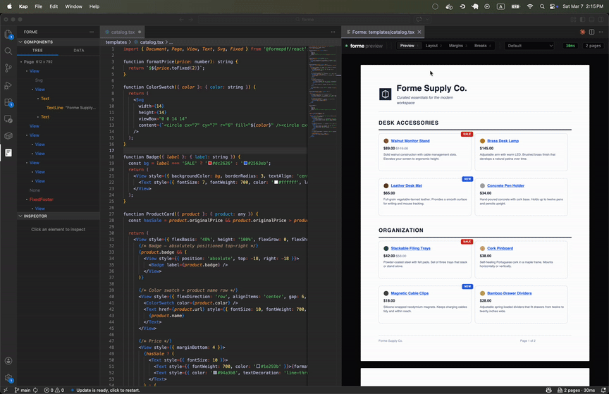 Forme PDF Preview showing split pane with component tree, inspector, and live PDF