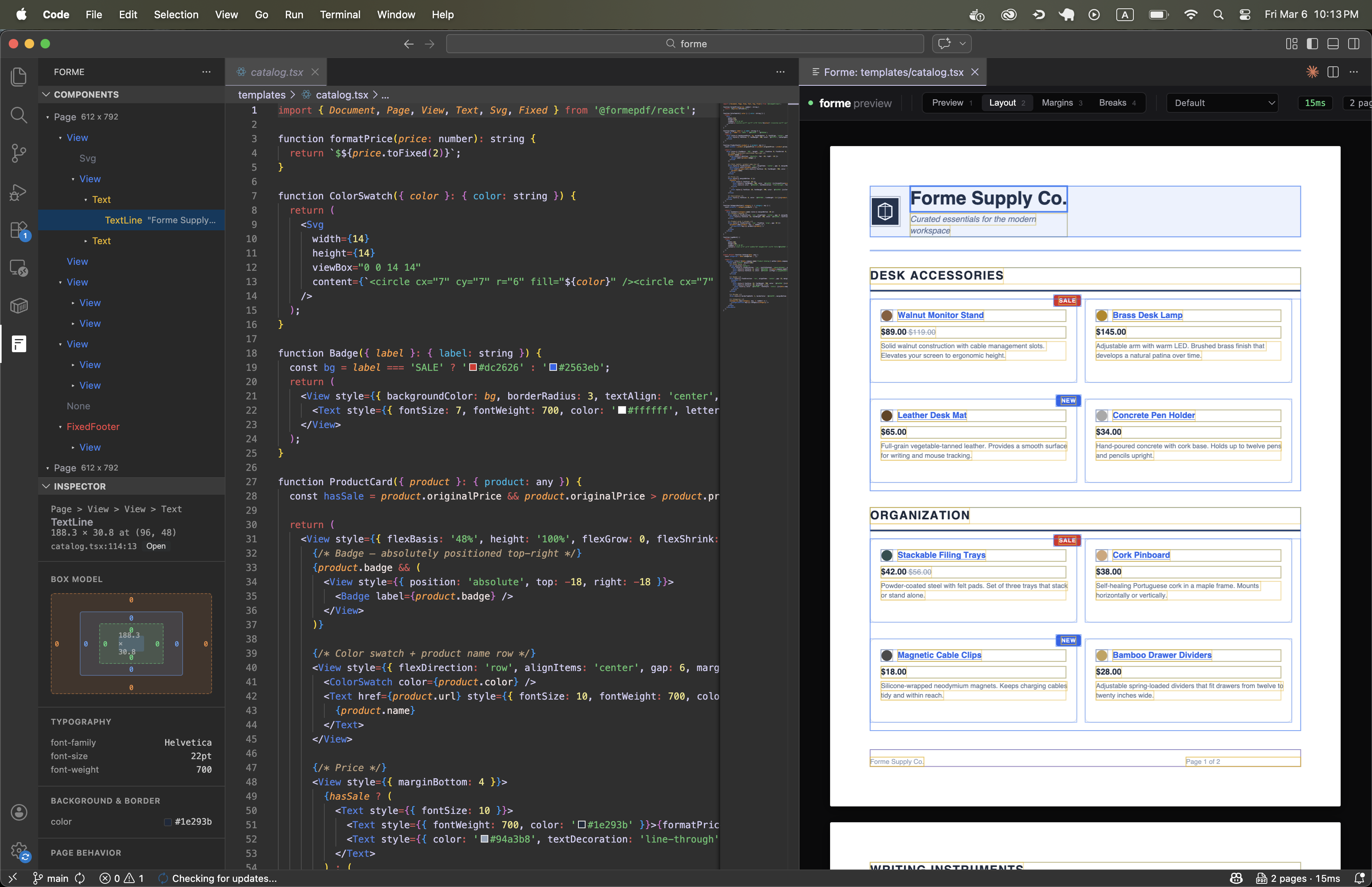 Forme PDF Preview showing split pane with component tree, inspector, and live PDF