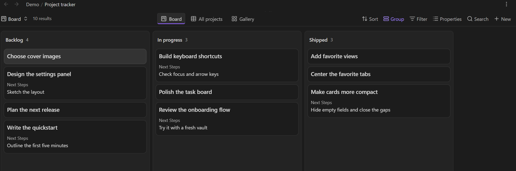 Centered favorite tabs above a compact Kanban board in Obsidian, with Board, All projects, and Gallery views