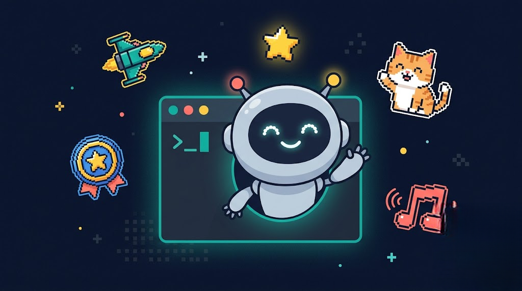 Termi, a friendly robot popping out of a terminal window surrounded by pixel game elements