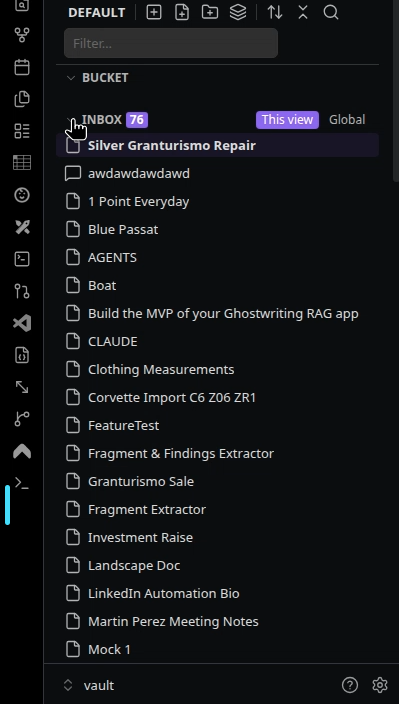 The Atlas explorer: a bucket (arranged tree) above an inbox (everything not yet arranged)