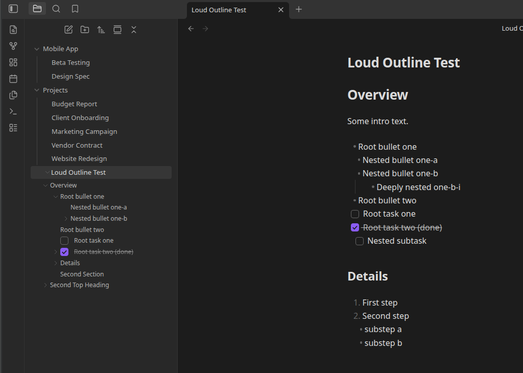 The file explorer with a note expanded to show its nested headings, tasks and lists