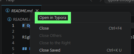 Editor tab context menu with Open in Typora command