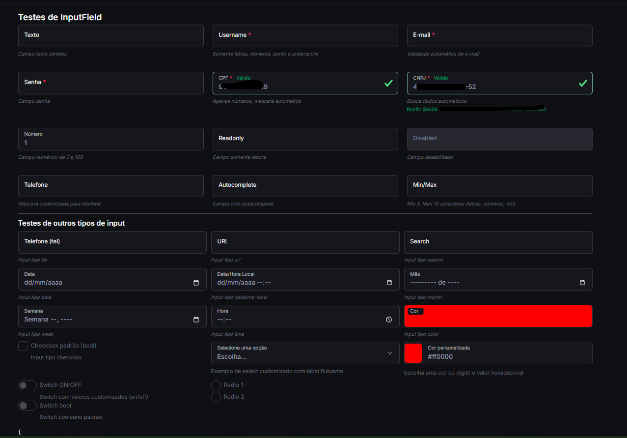 Screenshot dos componentes