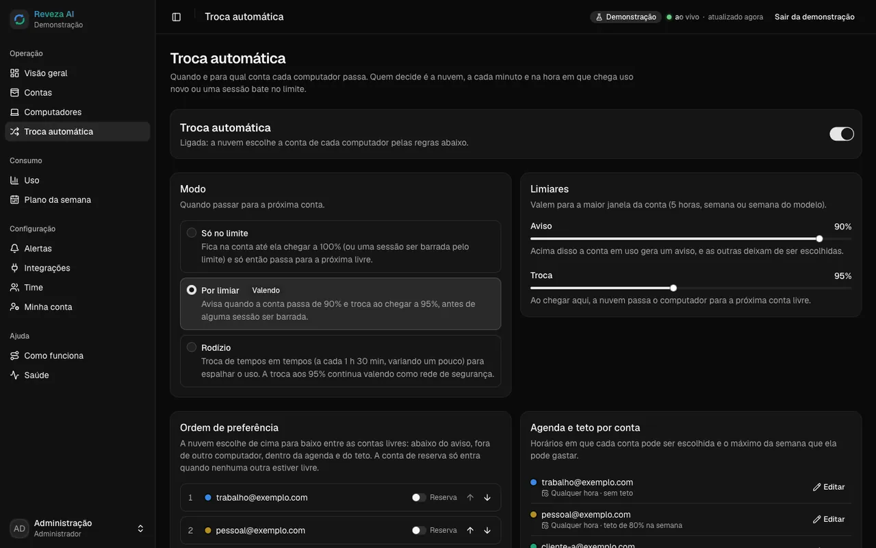 Troca automática: modo, limiar, ordem e agenda