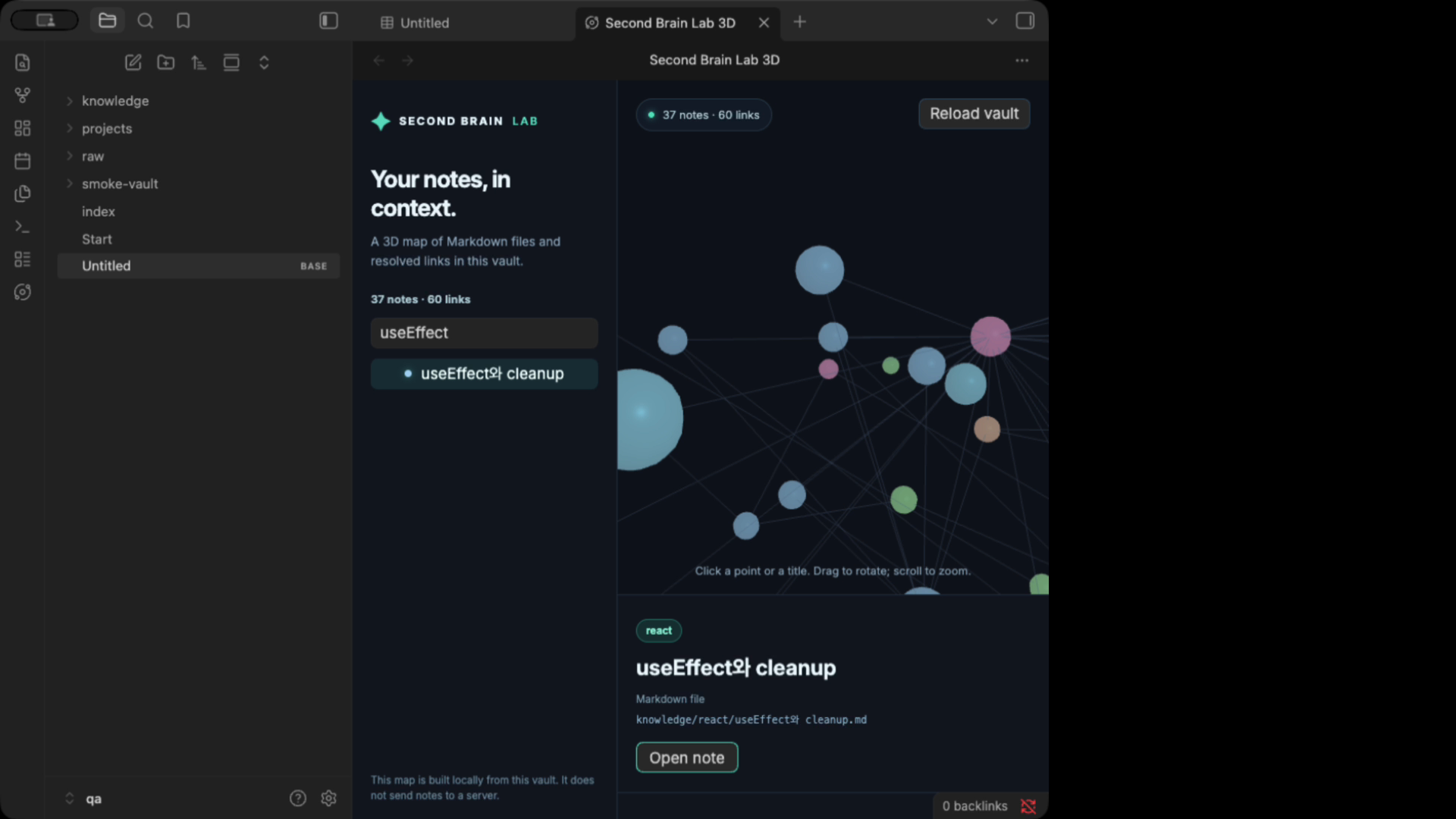 Second Brain Lab 3D graph and selected React note inside Obsidian
